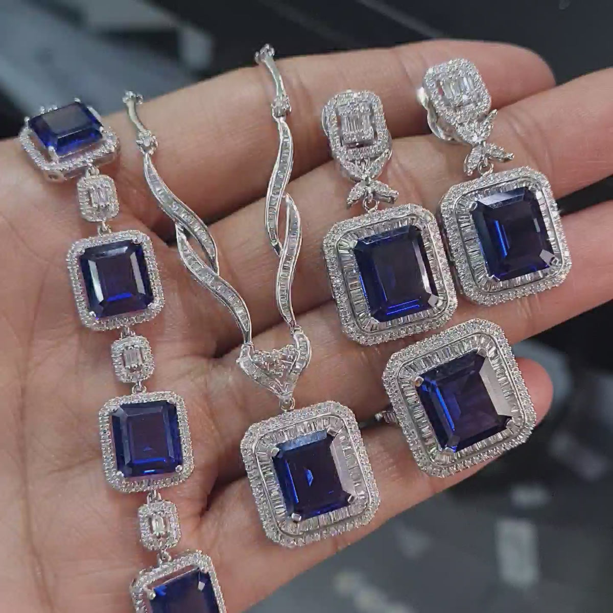 Sapphire Gemstones Statement Diamond Jewelry Set 14K