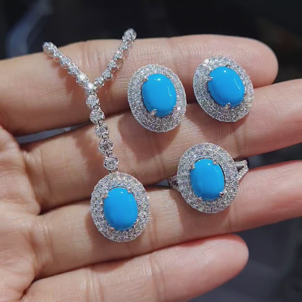 Oval Turquoise Gemstones Jewelry Diamond Set 14K