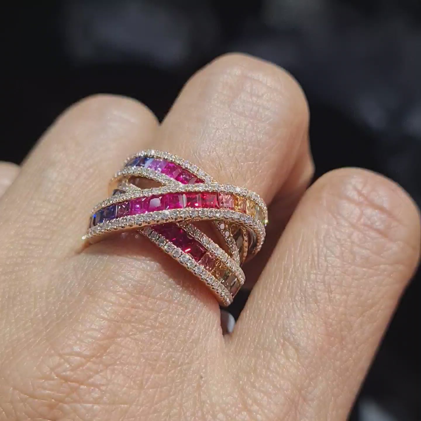 Rosegold Crossover Rainbow Sapphire Diamond Ring 18K