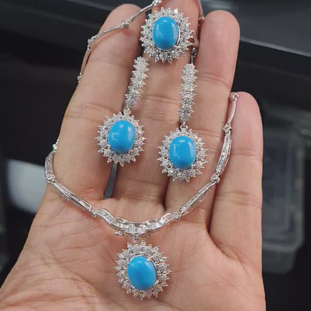 Turquoise Gemstones Oval Drop Diamond Jewelry Set 14K