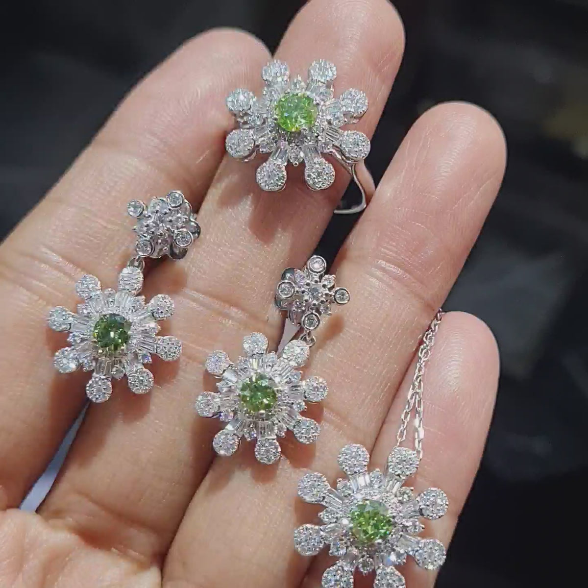 Rare Fancy Green Colored Diamond Floral Drop Diamond Jewelry Set 14K