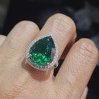 Green Emerald Gemstones Pear Halo Diamond Ring 14K