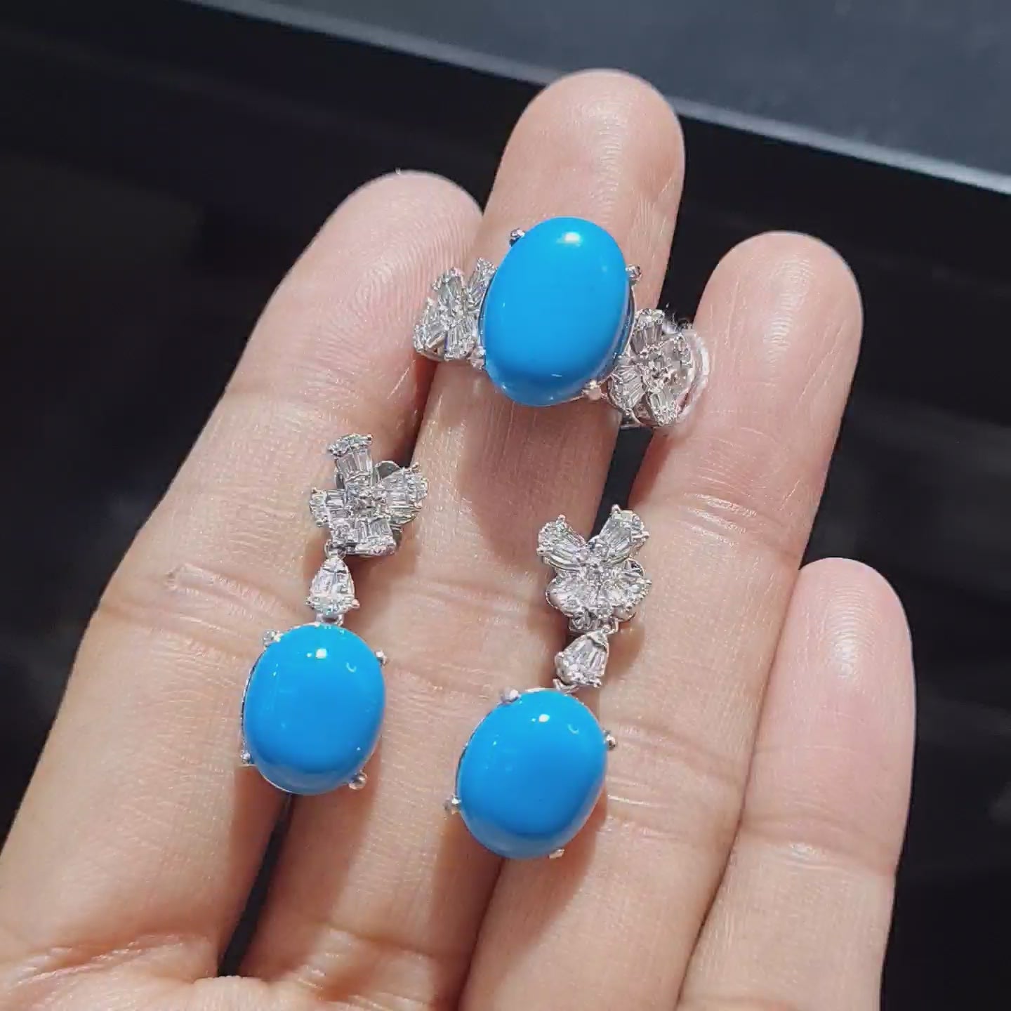 Turquoise Gemstones Floral Drop Diamond Jewelry Set 14K