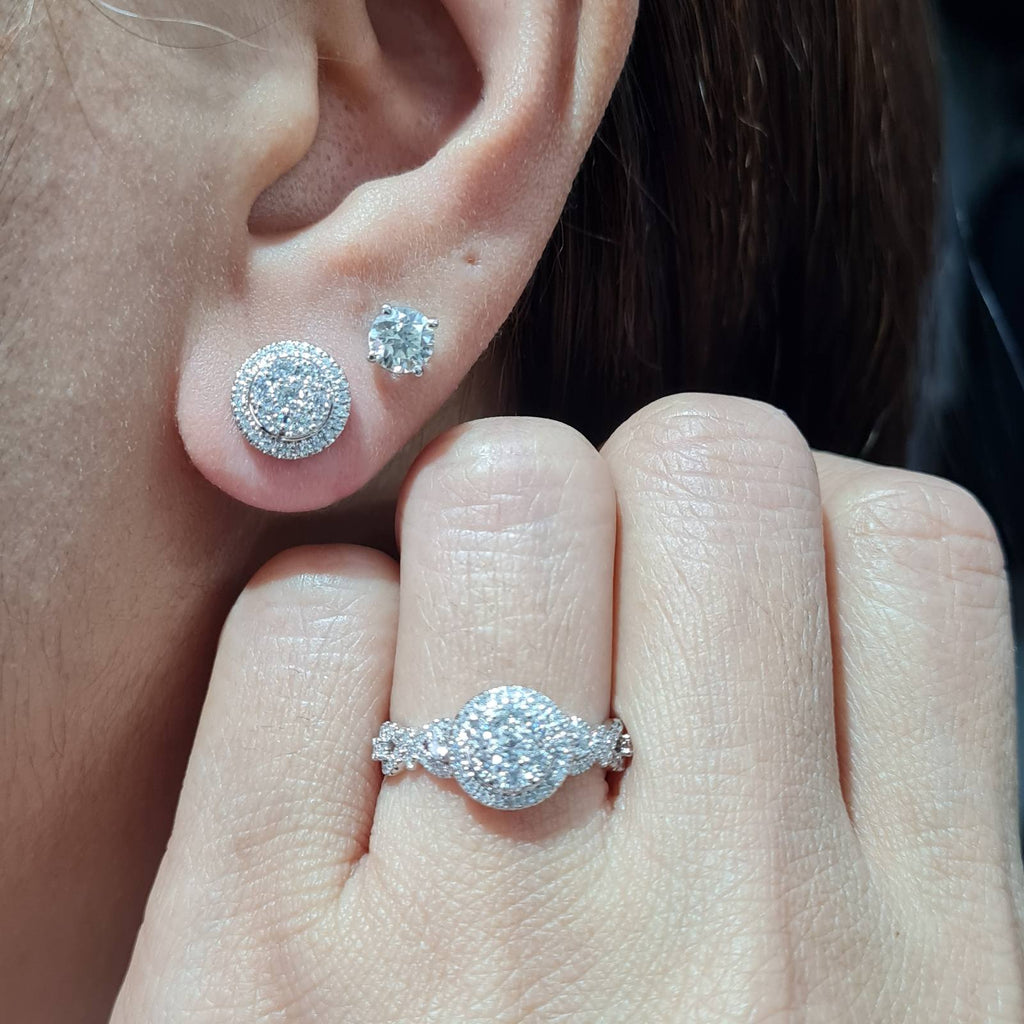 Classic Round Halo Stud Infinity Paved Diamond Jewelry Set 14K