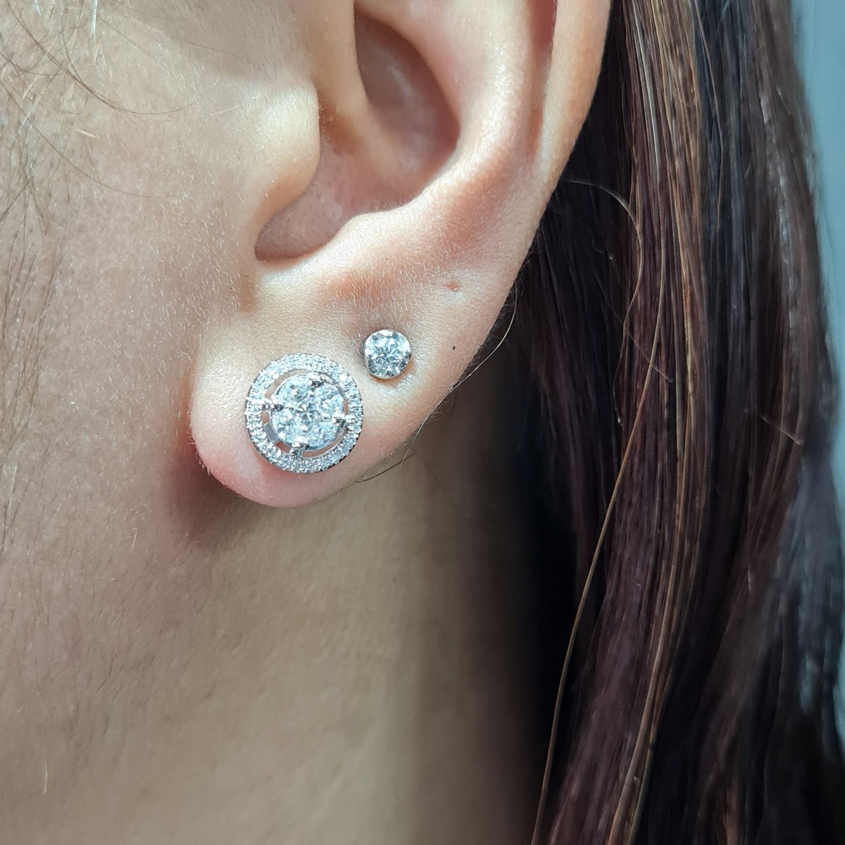 Classic 4ct Face Round Invisible Setting Halo Stud Diamond Earrings 14K