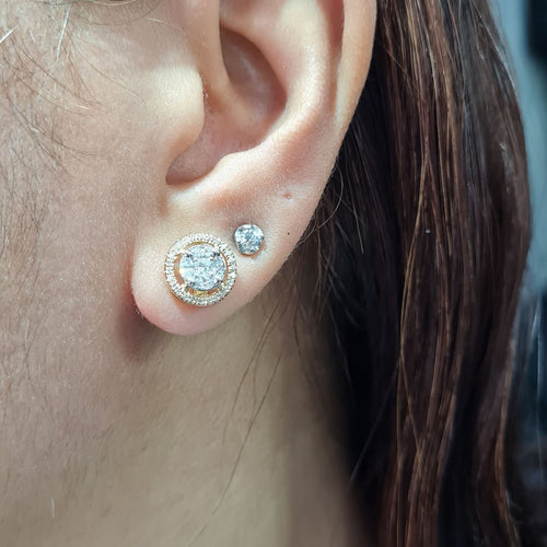 Classic 4ct Face Round Invisible Setting Halo Golden Stud Diamond Earrings 14K