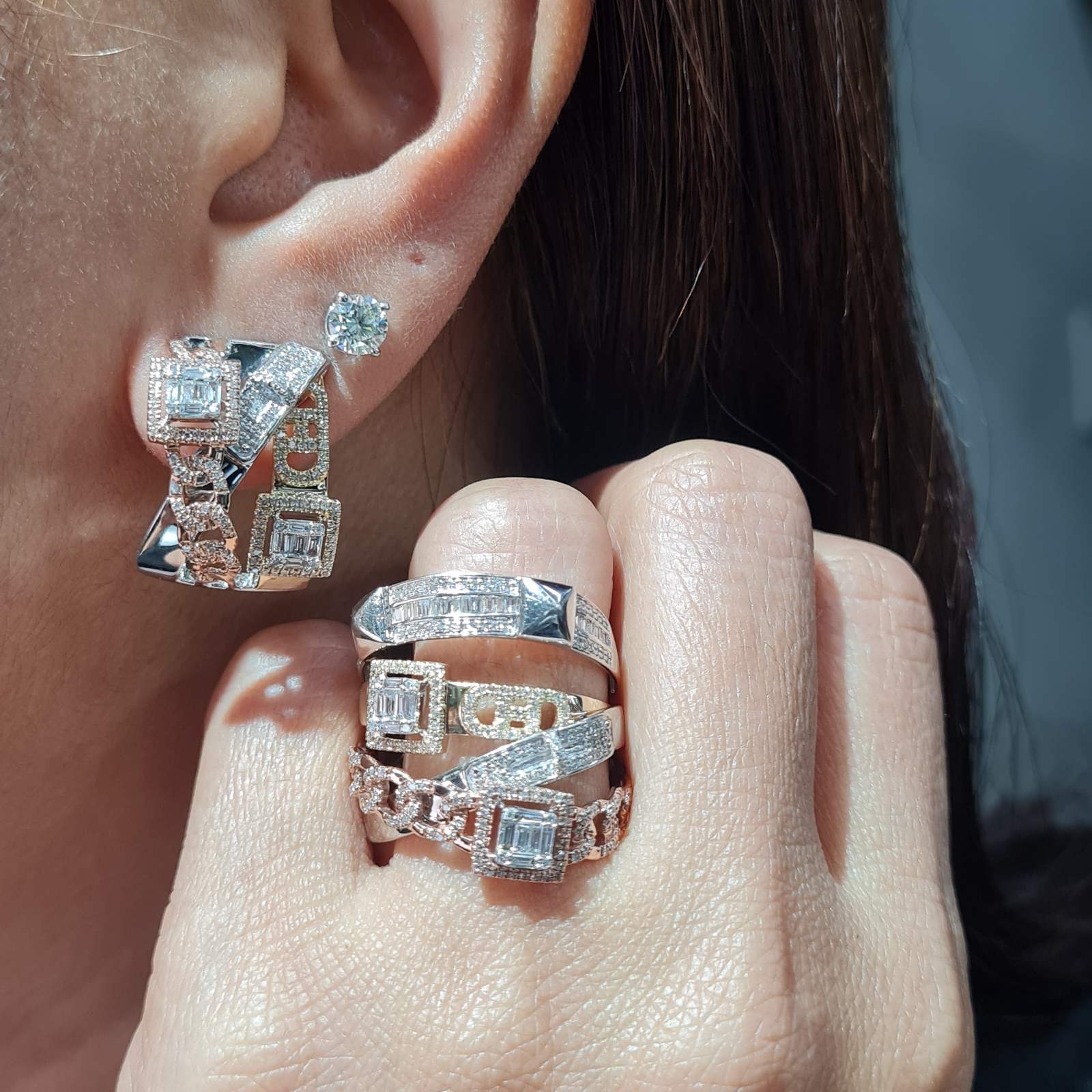 Tricolor Square Chain Deco Statement Diamond Jewelry Set 14K
