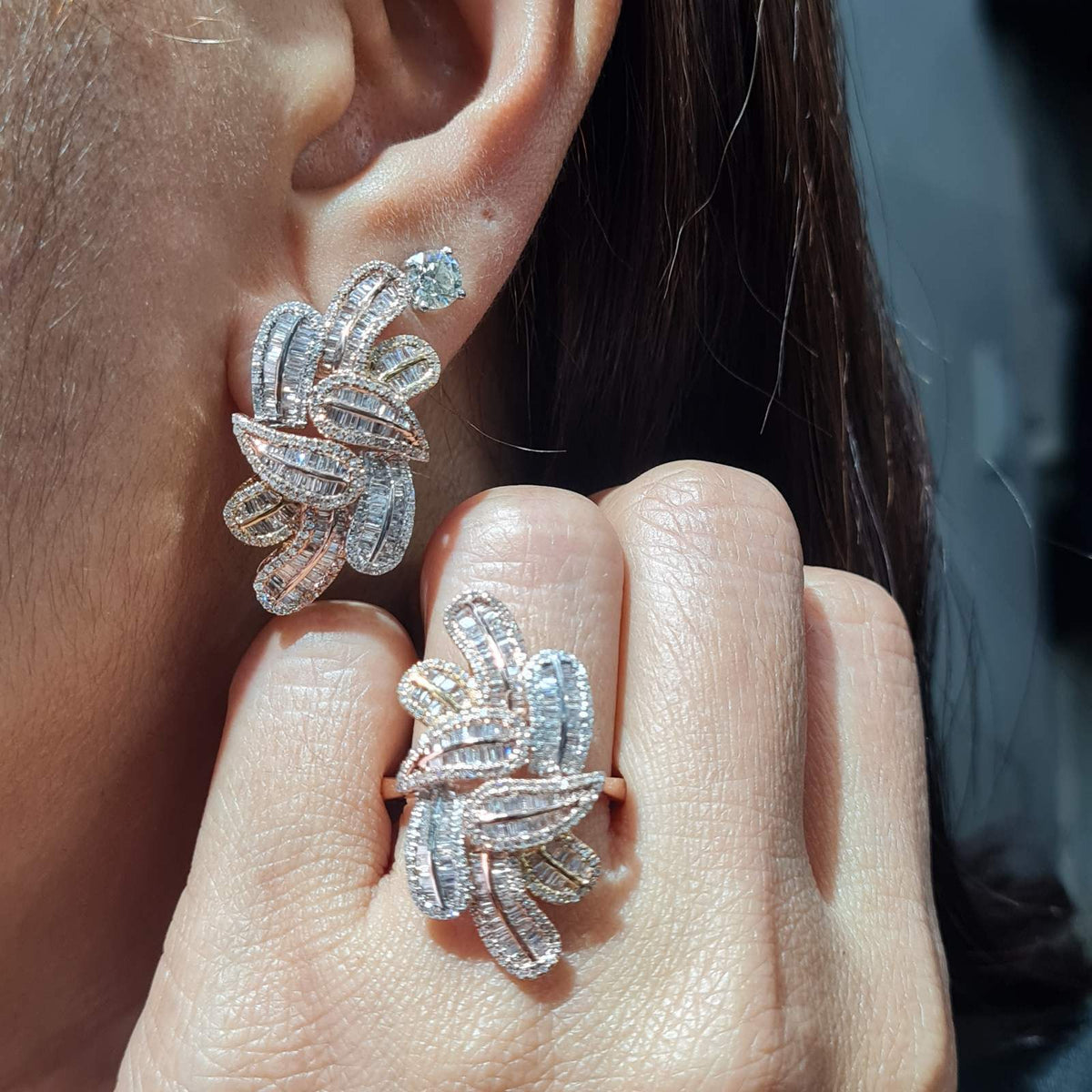 Two Tone Leaf Baguette Cluster Statement Diamond Jewelry Set 14K